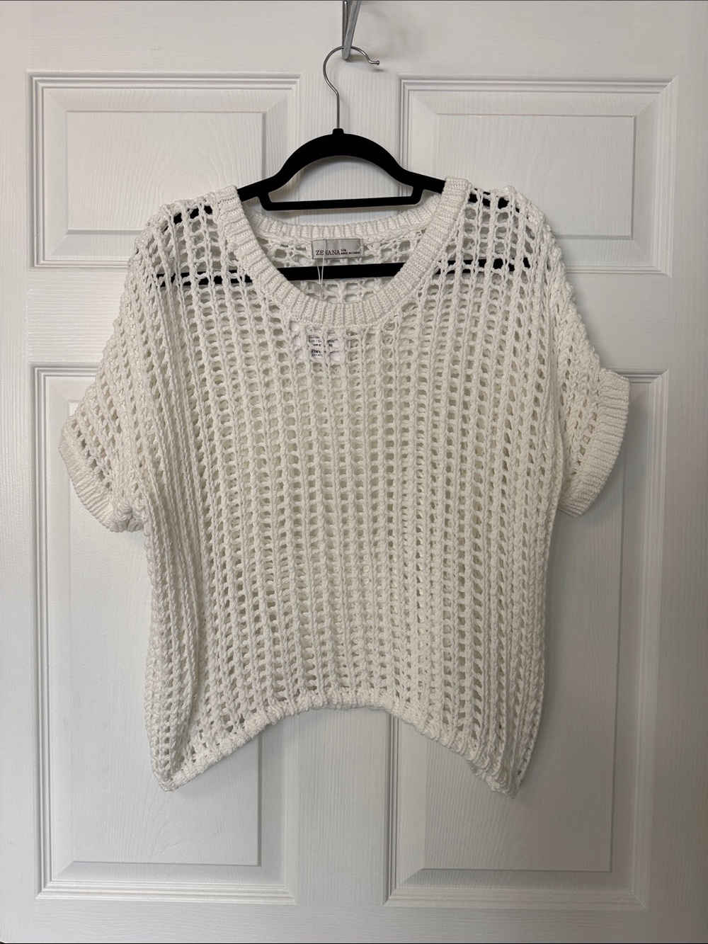 Zara White Open-Knit Short Sleeve Sweater Top